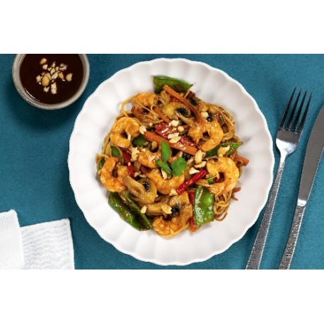  Wok nouilles crevette légumes et cacahuètes 