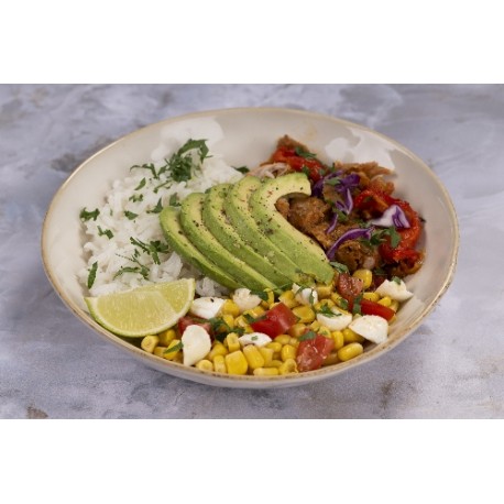  Pulled chicken, riz à la coriandre et avocat 